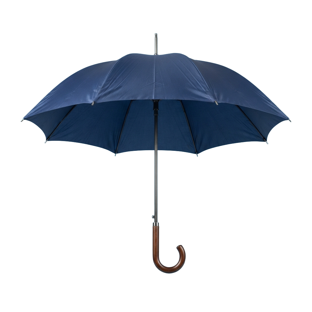 Blue umbrella with wooden handle standing upright against a black background