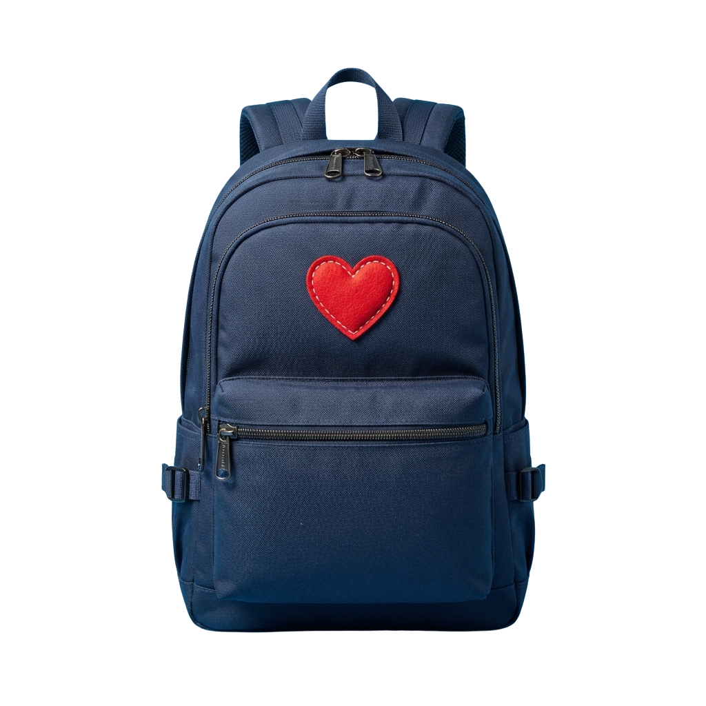 A blue backpack featuring a red heart-shaped patch in the center of the main compartment