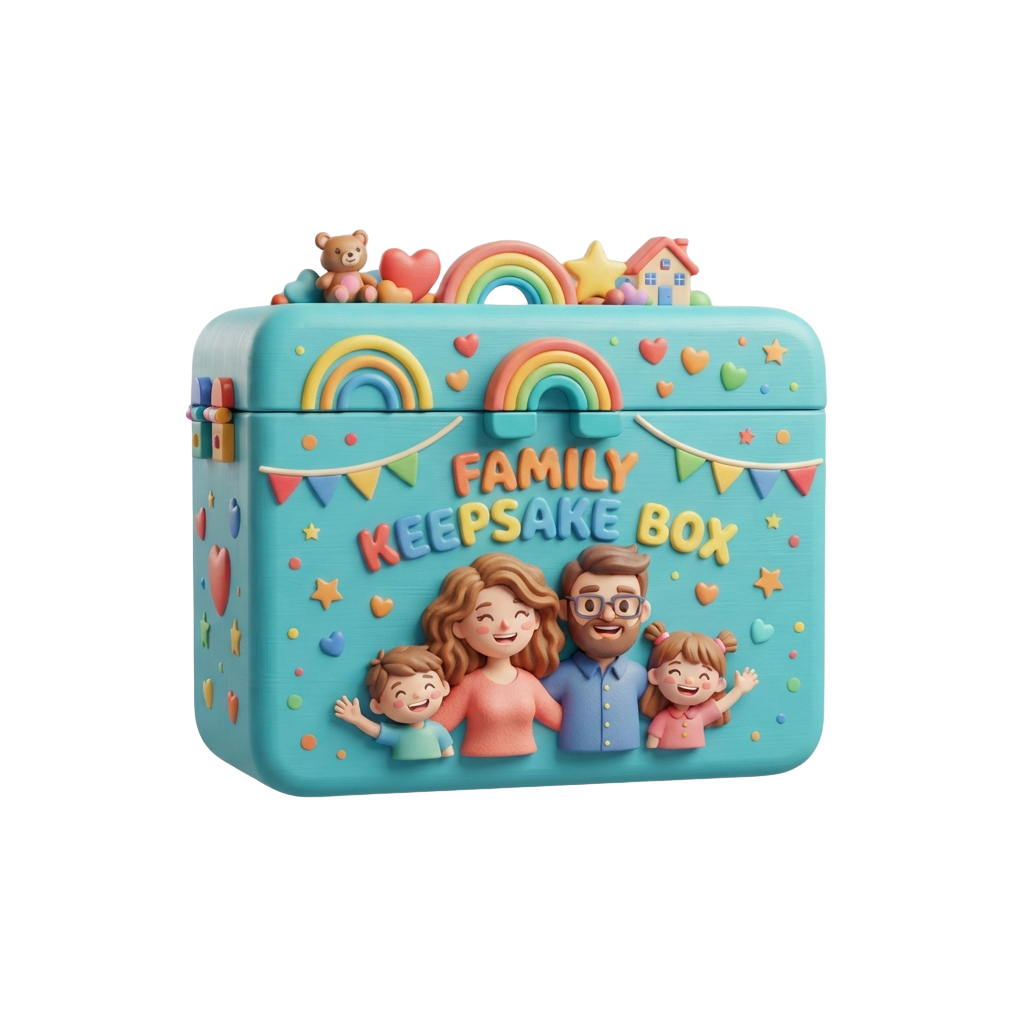 Colorful keepsake box featuring a smiling family and festive rainbow decorations