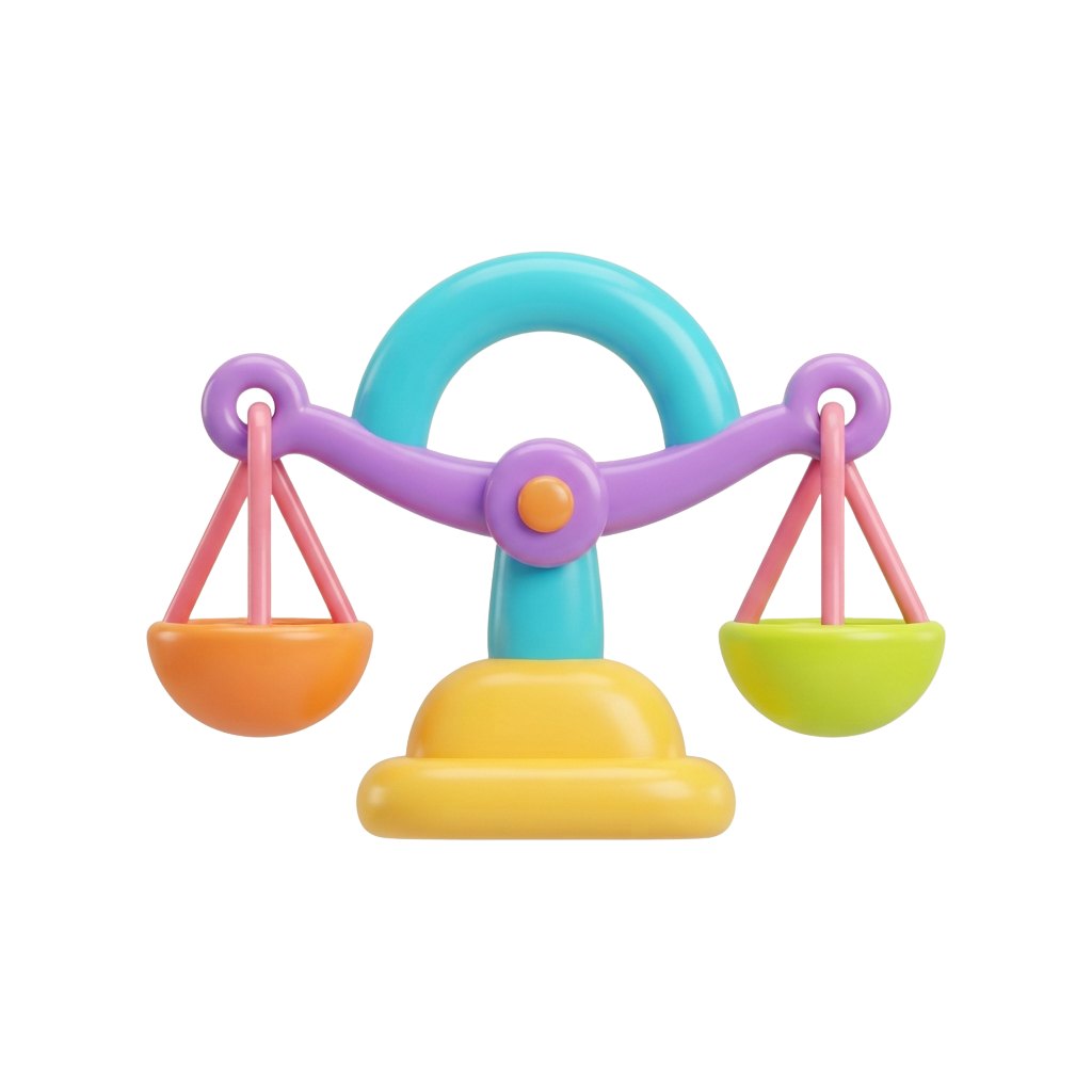 A bright balance scale toy with yellow base, purple arms, turquoise top ring, and orange and green pans on each side