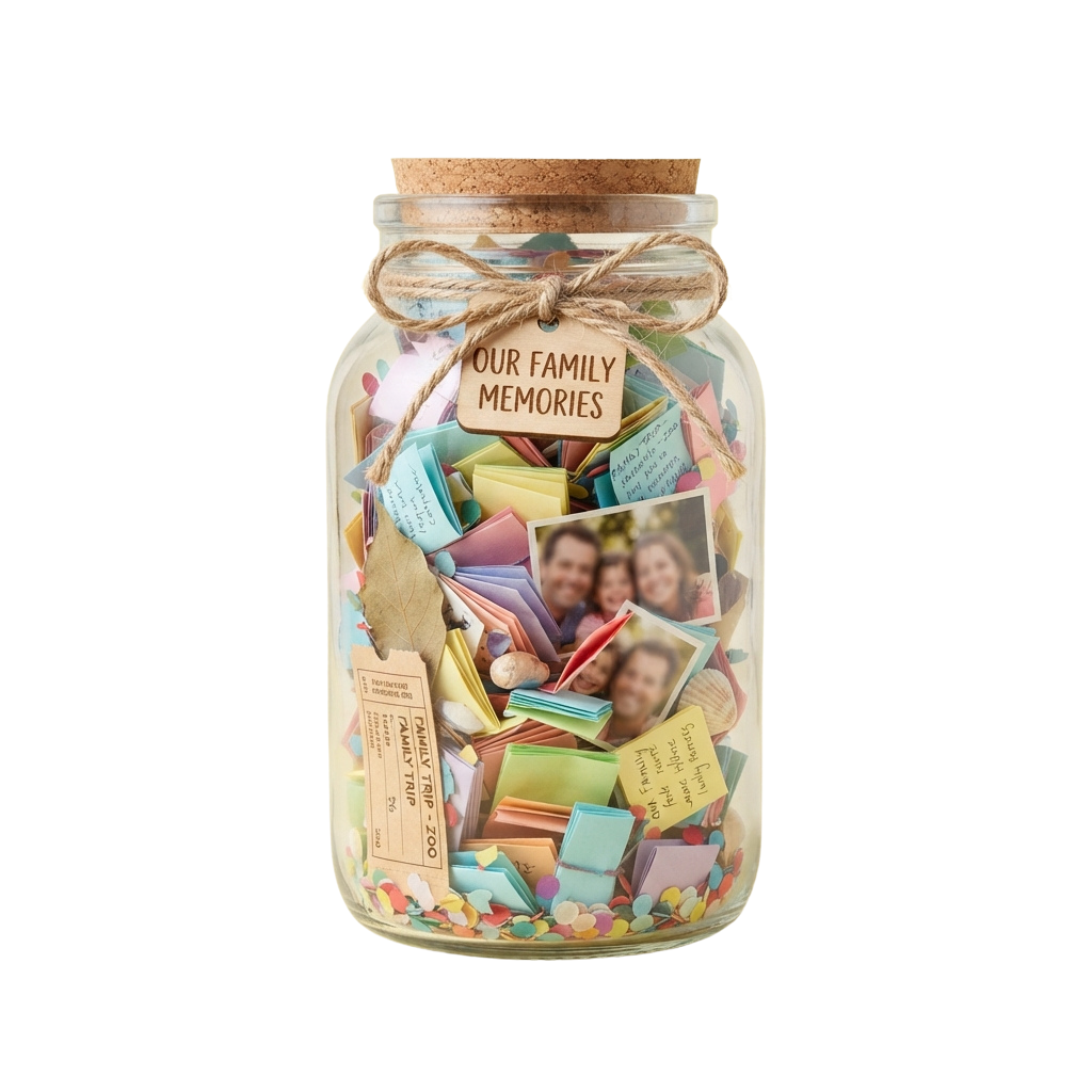Glass jar filled with colorful notes, photos, and small mementos labeled Our Family Memories