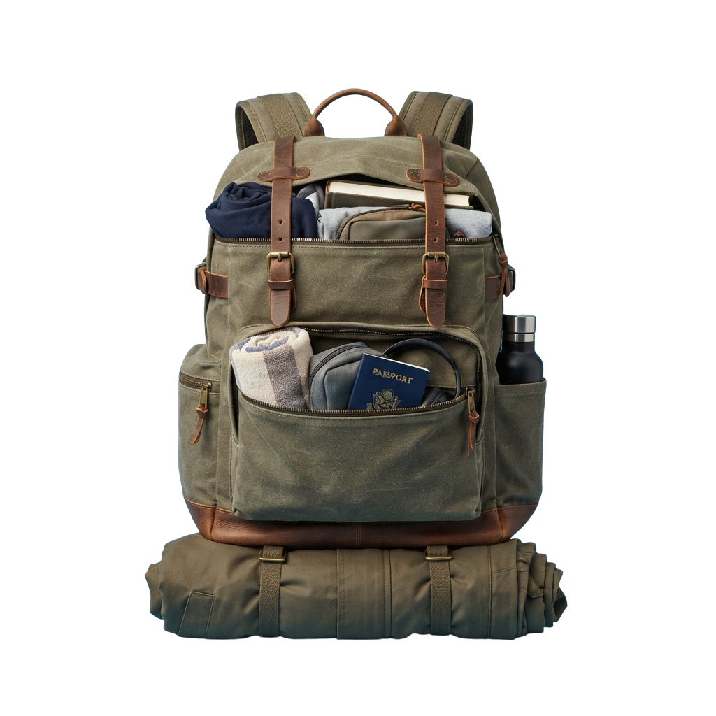 A green canvas backpack with leather accents, filled with travel items like a passport, books, and a water bottle.