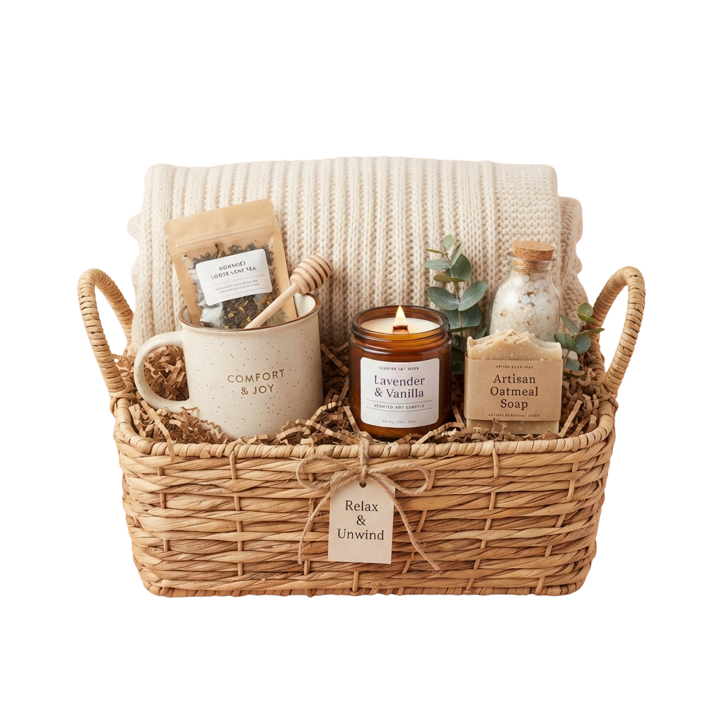 A woven basket filled with relaxation items including a candle, soap, tea, honey stick, and a knitted blanket.