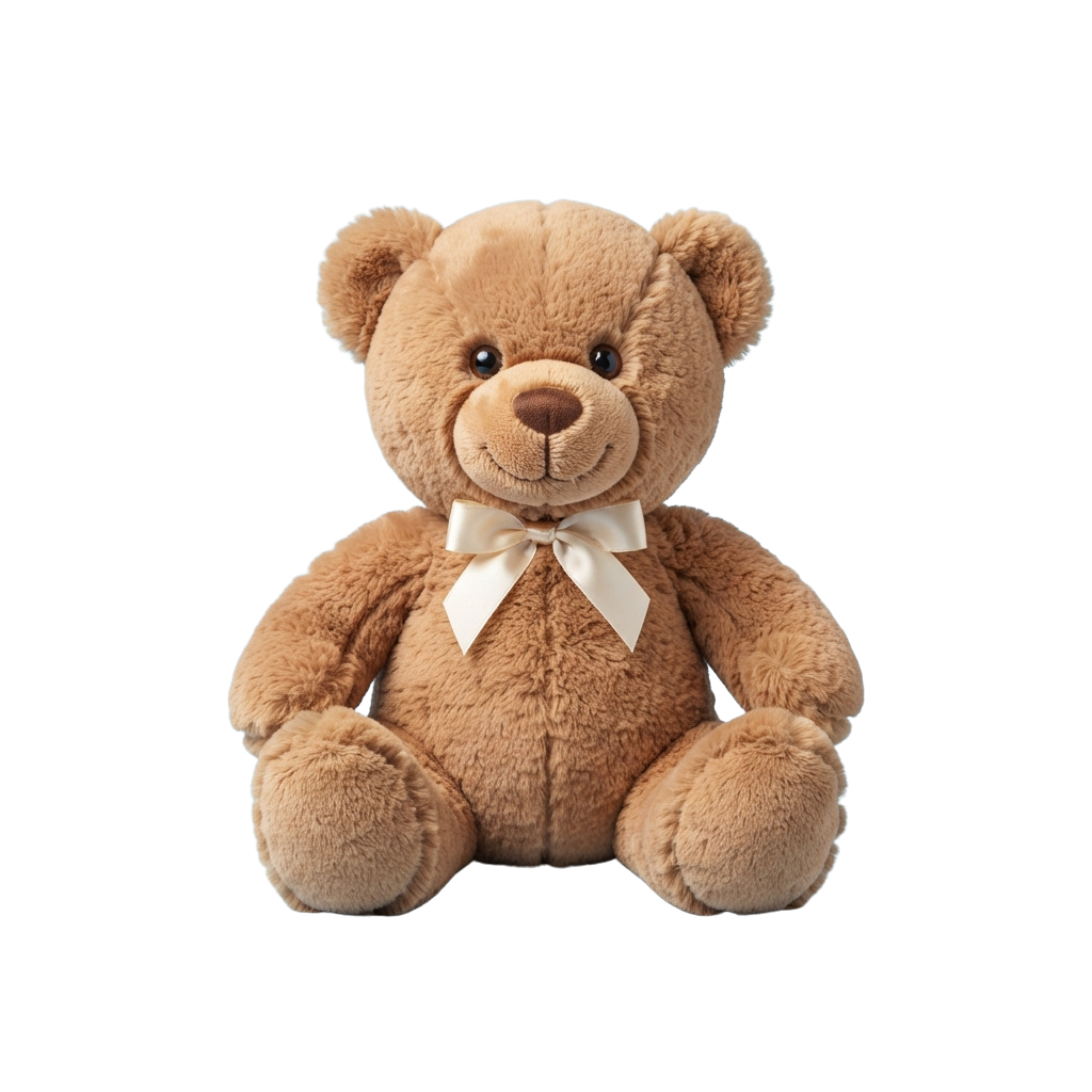 A light brown teddy bear with a white satin bow tied around its neck, sitting upright against a black background