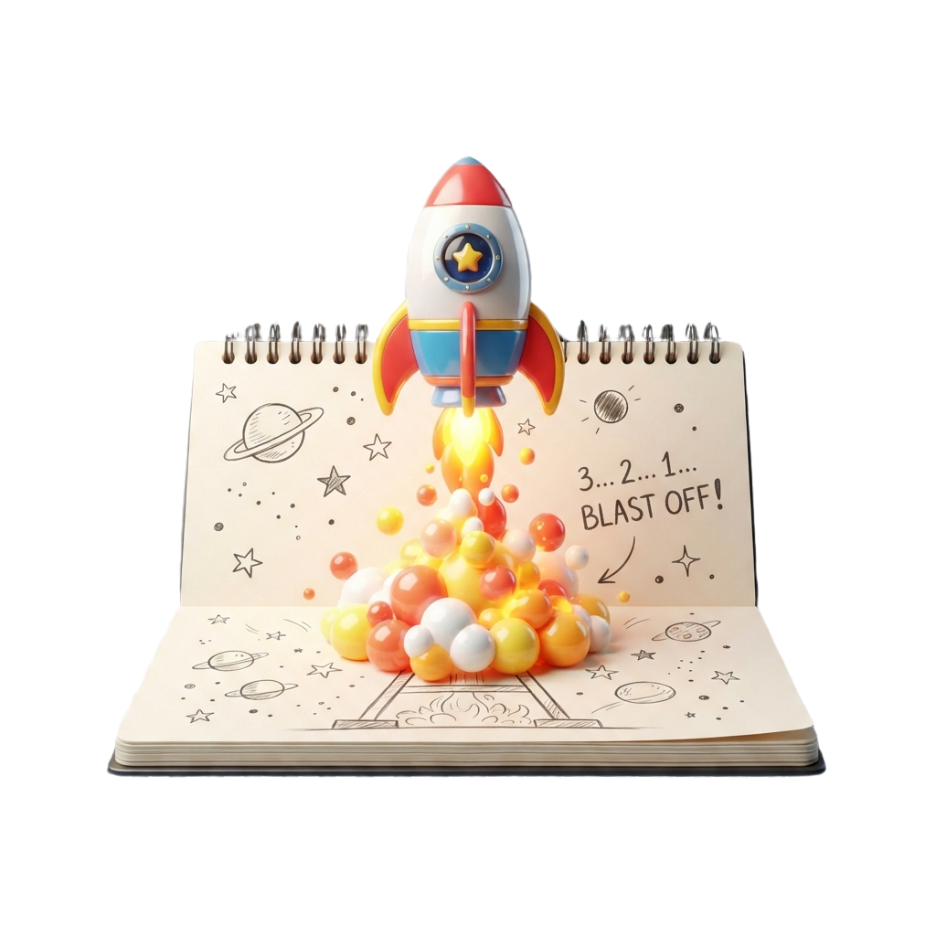 A pop-up notebook page showing a colorful rocket launching with flames and stars in a space scene.