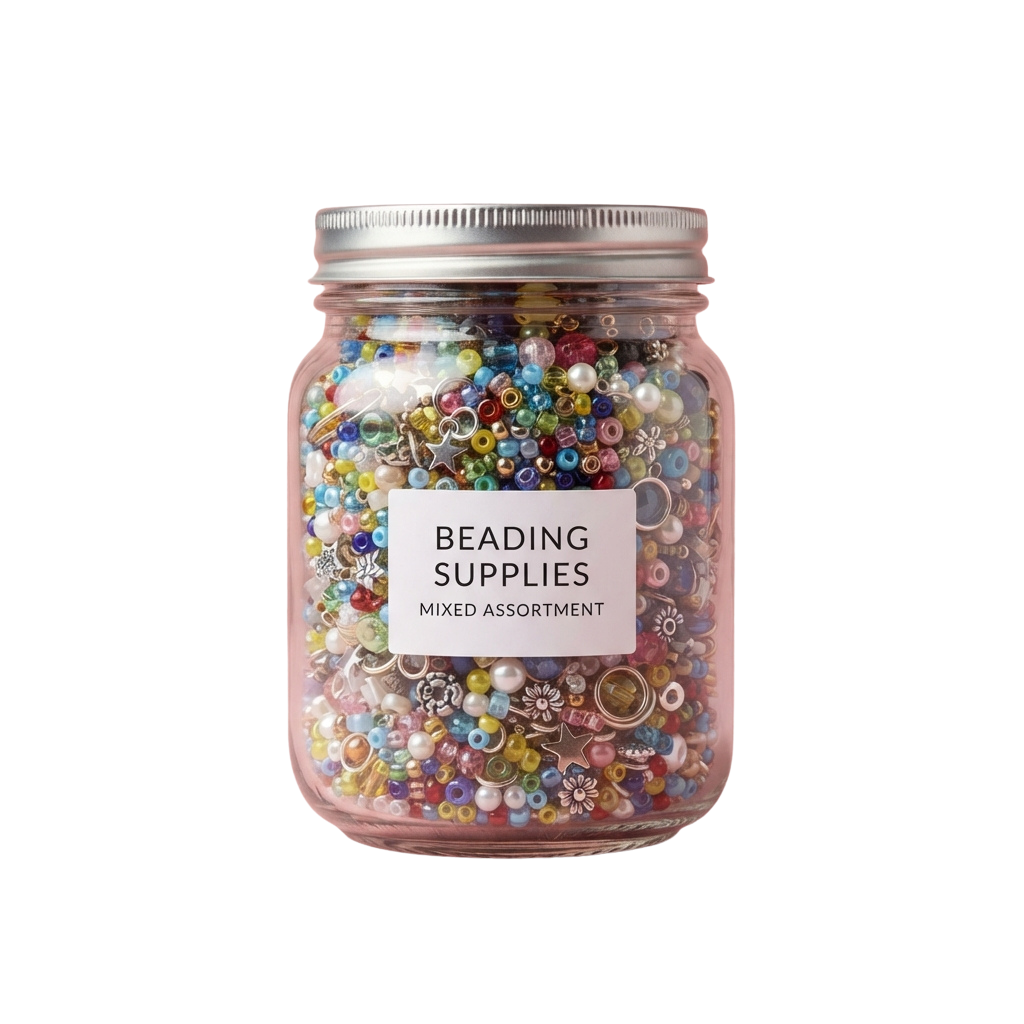 A clear jar filled with a variety of colorful beads and beading supplies, labeled Beading Supplies Mixed Assortment
