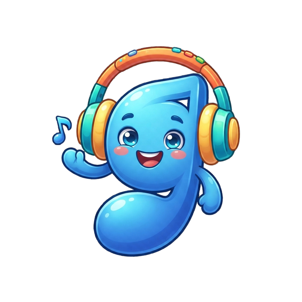 A cheerful blue musical note character wearing colorful headphones and smiling, with a musical note emerging from its body.