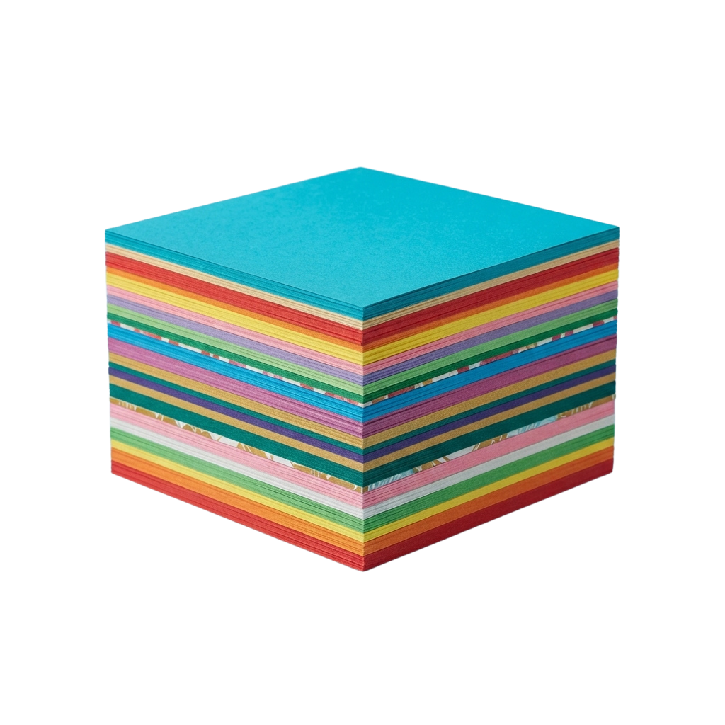 A stack of colorful paper blocks arranged in a cube shape with vibrant horizontal stripes
