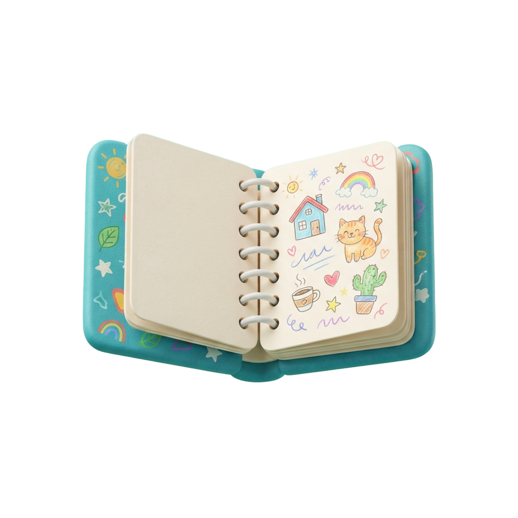 Open notebook with turquoise cover featuring a cat, house, coffee cup, and rainbow illustrations