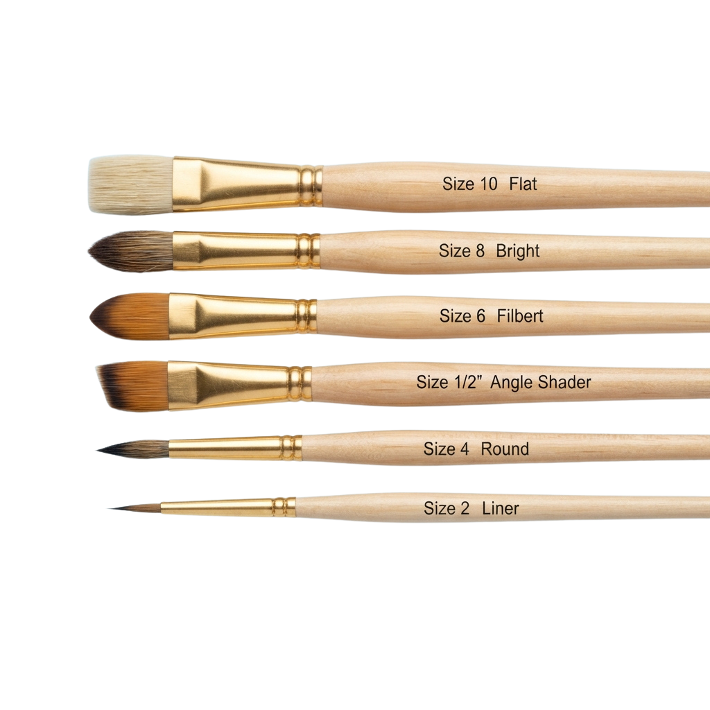 Six different paintbrushes labeled by size and shape: Flat, Bright, Filbert, Angle Shader, Round, and Liner.
