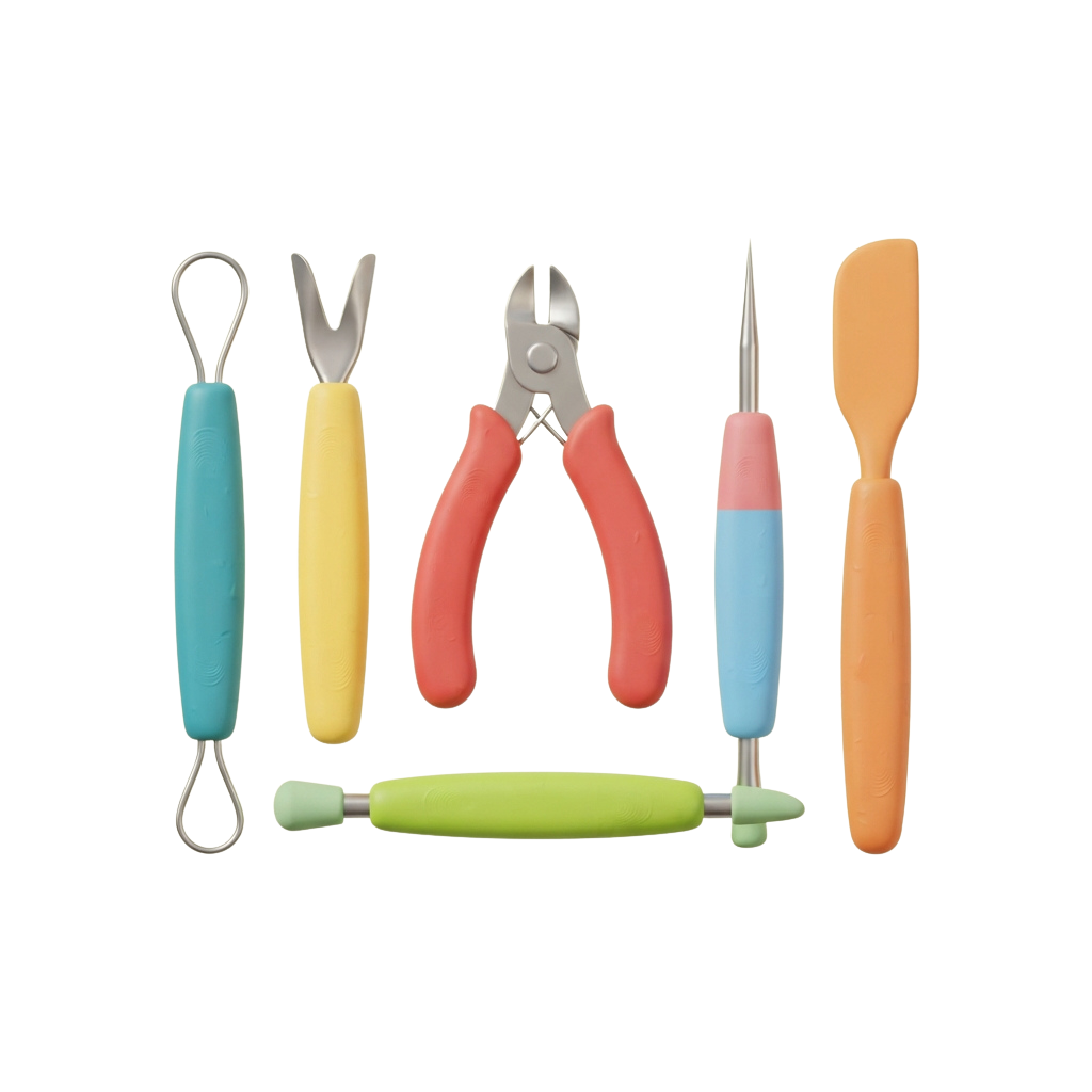 Set of colorful child-safe scissors, tweezers, and craft tools on black background