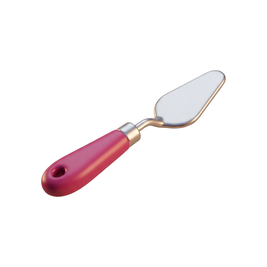 A metal ice cream scoop with a red ergonomic handle against a black background