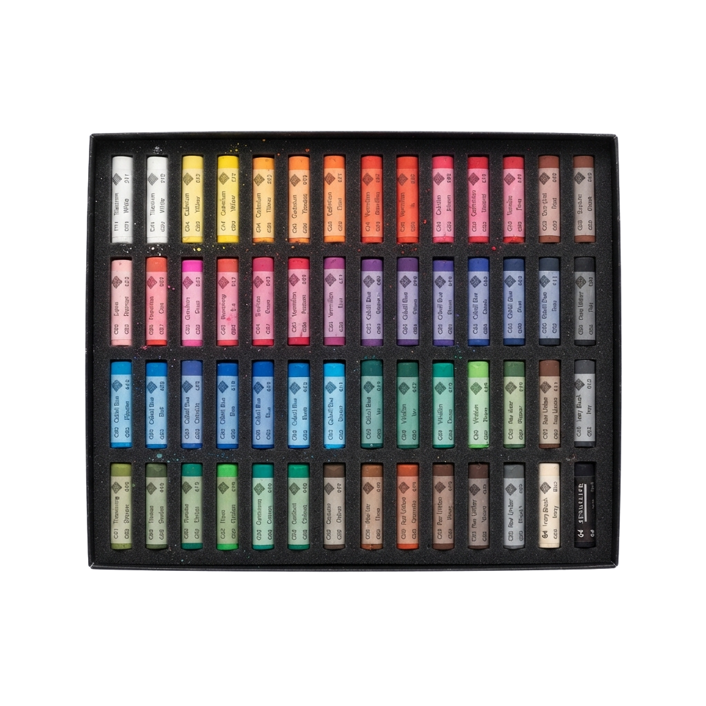 A box containing 48 pastel chalk sticks in various colors arranged in rows.