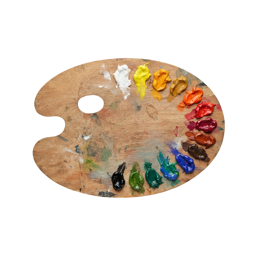 Wooden artist palette with various oil paint colors and brush strokes