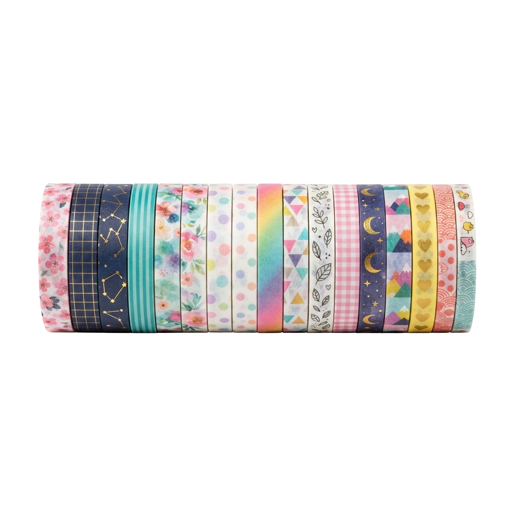 Roll of washi tape with 16 different colorful patterns and designs.
