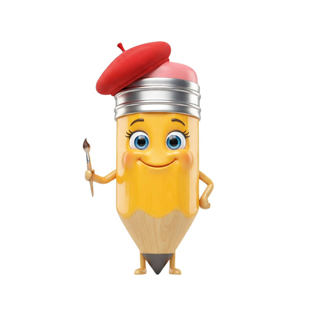 A cheerful animated yellow pencil wearing a red chef hat and holding a paintbrush
