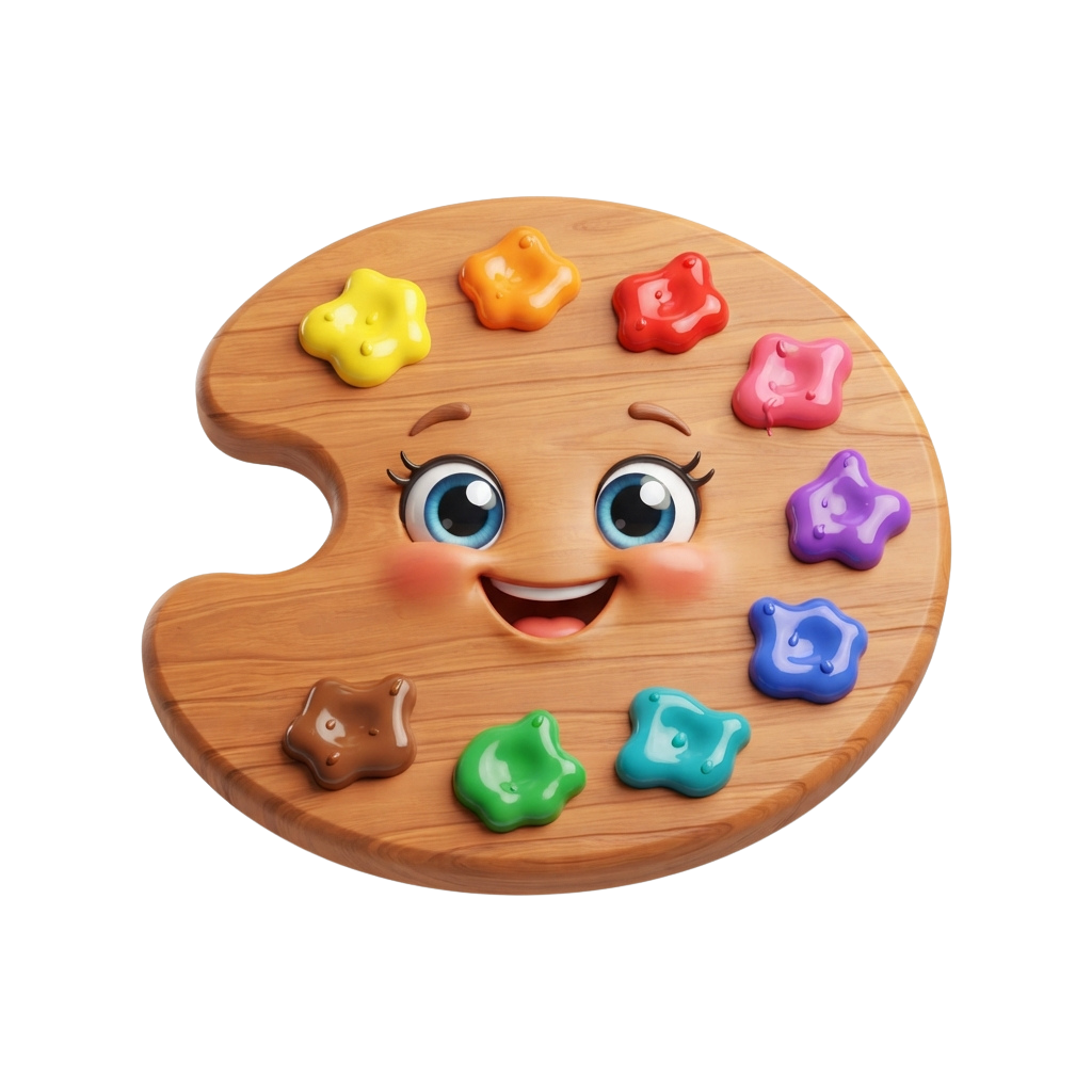 Smiling wooden paint palette with six star-shaped paint samples in various colors