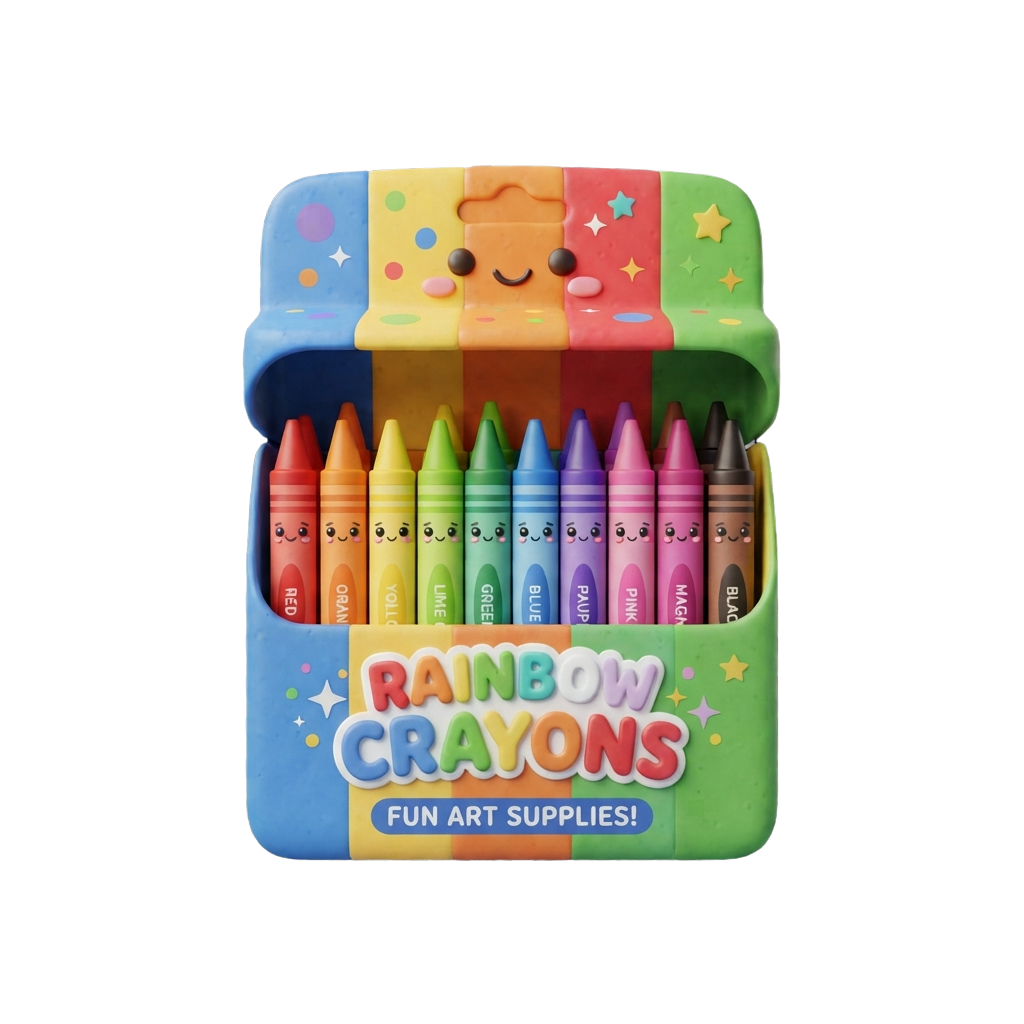 A cheerful box of rainbow-colored crayons with smiling faces, each labeled by color, inside a pastel rainbow container.