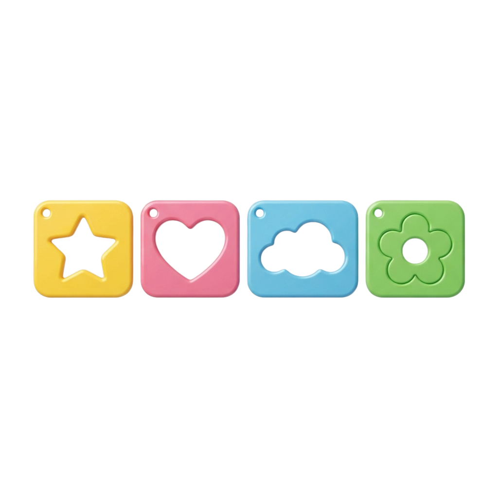 Four square keychains in yellow, pink, blue, and green with star, heart, cloud, and flower cutouts
