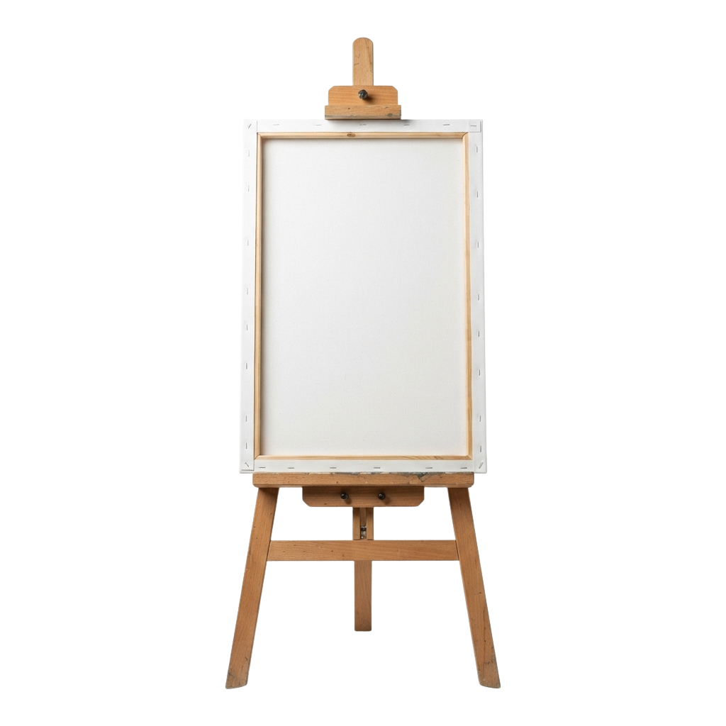 A wooden easel holding a blank canvas against a black background