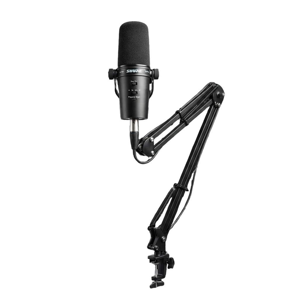 Black studio microphone attached to a flexible boom arm on a black background