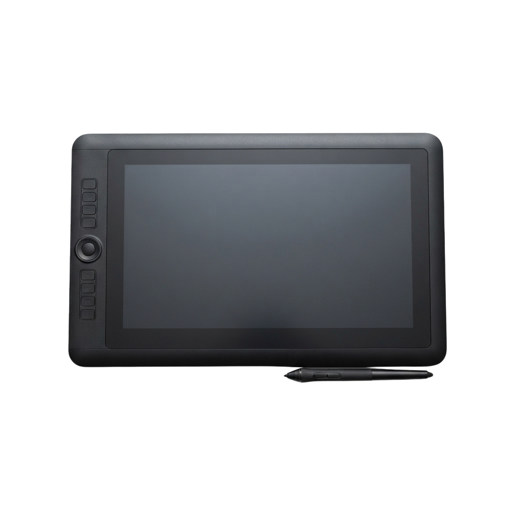 A sleek black digital drawing tablet with a stylus pen resting on the right side