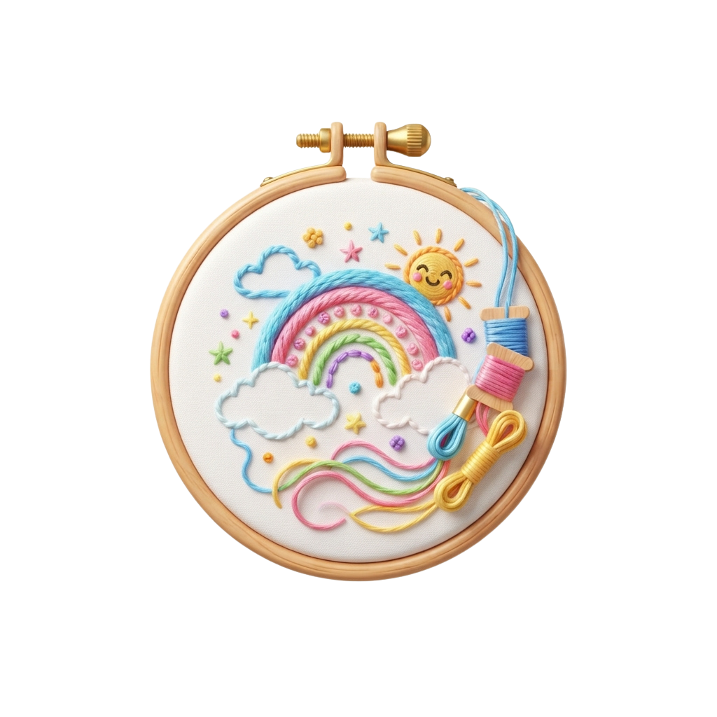 Decorated cake in an embroidery hoop featuring a rainbow, sun, clouds, and colorful yarn spools