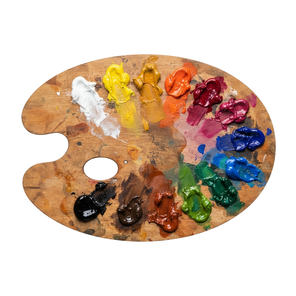 Wooden paint palette with various colored oil paints including white, yellow, red, blue, green, and black