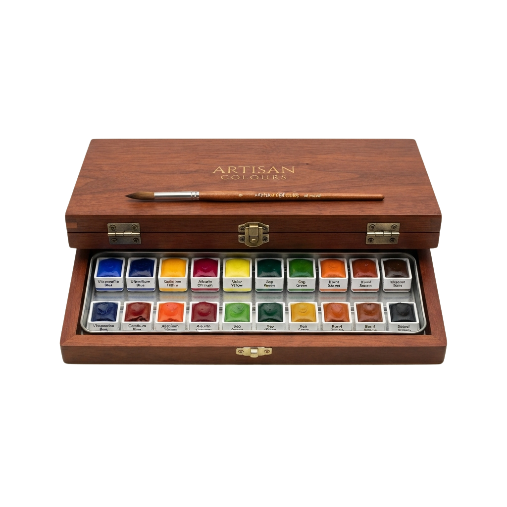 Wooden box containing 24 watercolor paints and a brush, labeled Artisan Colours