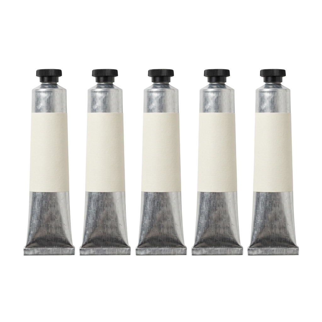 Five identical empty paint tubes with black caps and cream-colored bodies against a black background