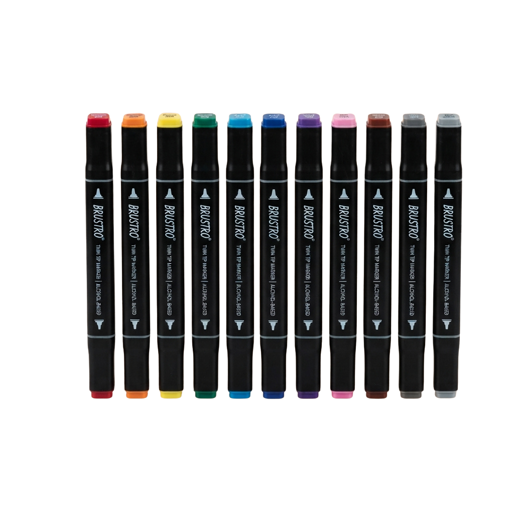 Set of twelve black markers with colored tips arranged in a row on a dark background
