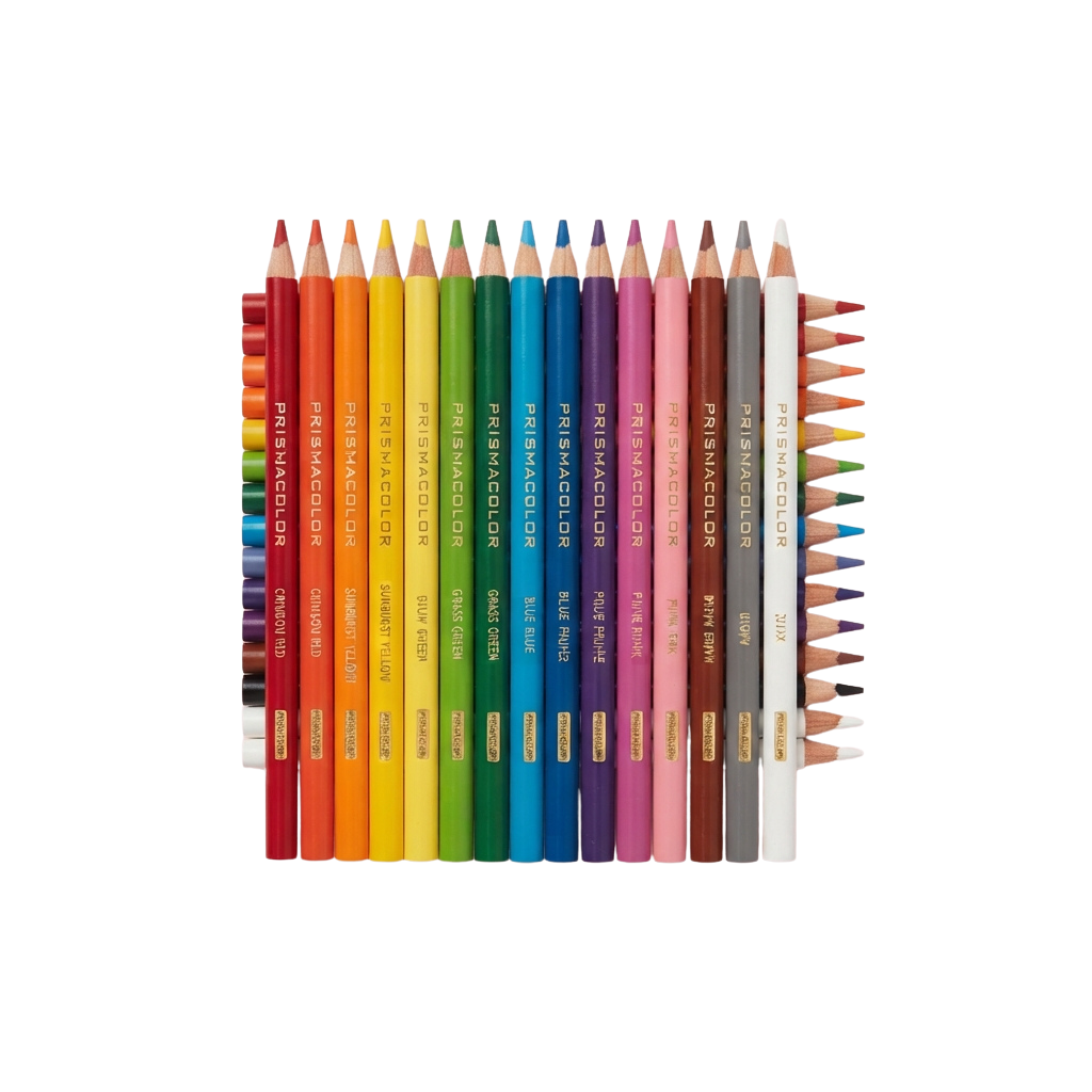 A set of 24 colored pencils in various shades arranged vertically against a black background