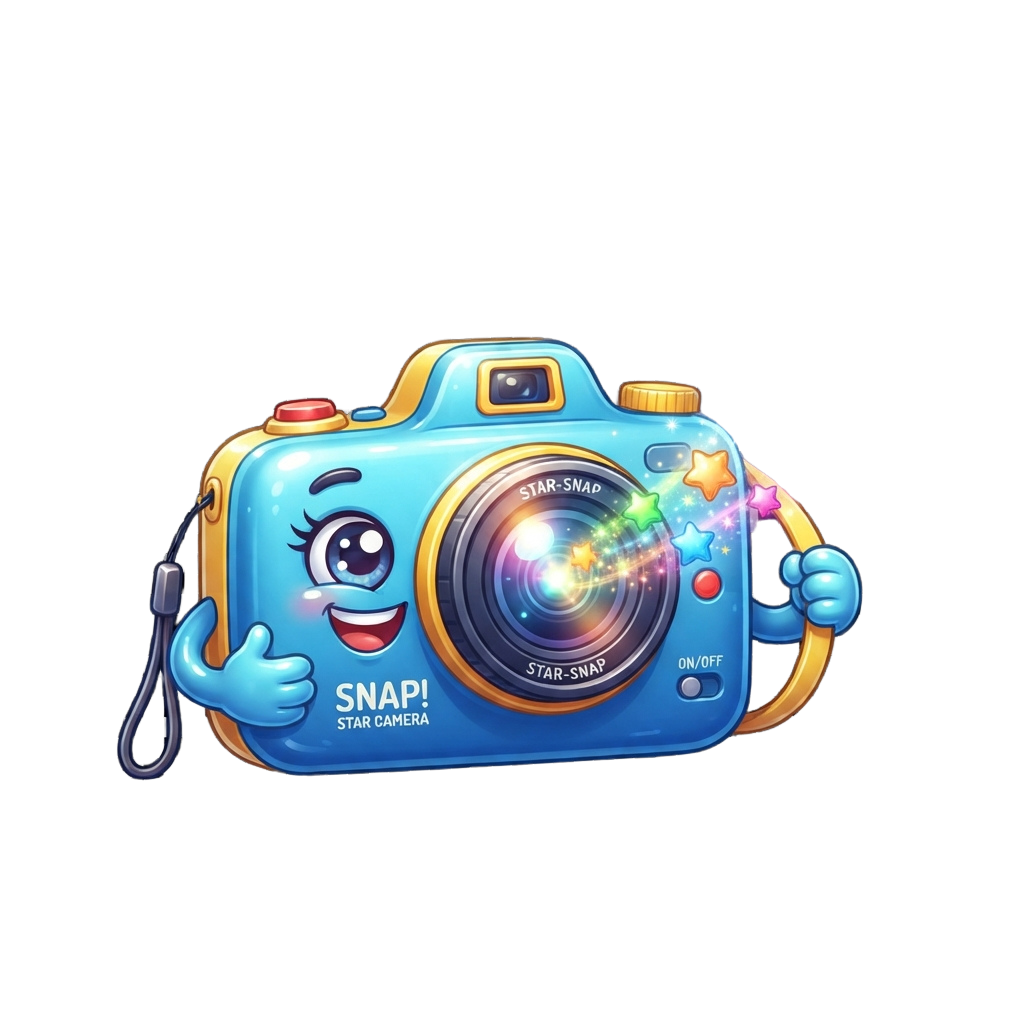 A smiling cartoon camera toy with arms, a colorful lens, and starburst light effects around it