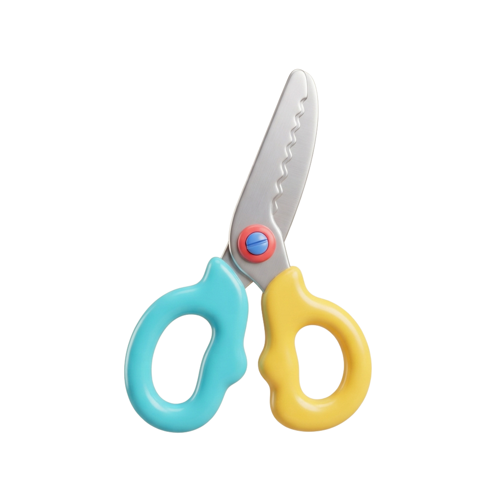 Pair of child-safe scissors with blue and yellow ergonomic handles and a red safety button