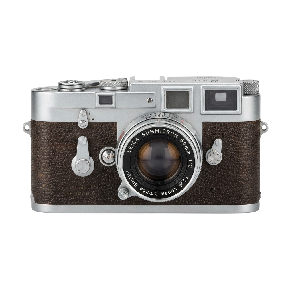 Classic brown leather and metal vintage camera with a prominent lens labeled Summicron 50mm