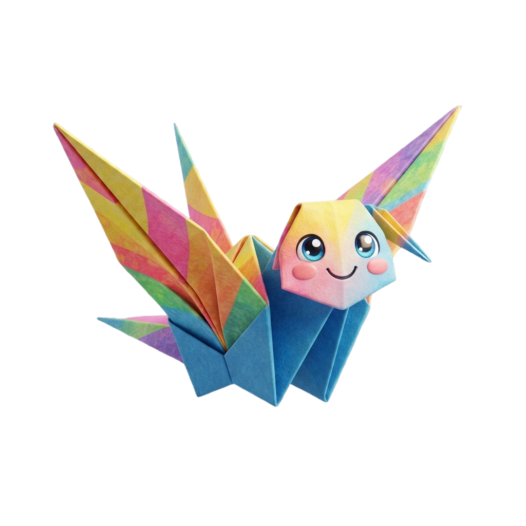 A cheerful cartoon bat with rainbow wings and blue body, smiling with big eyes