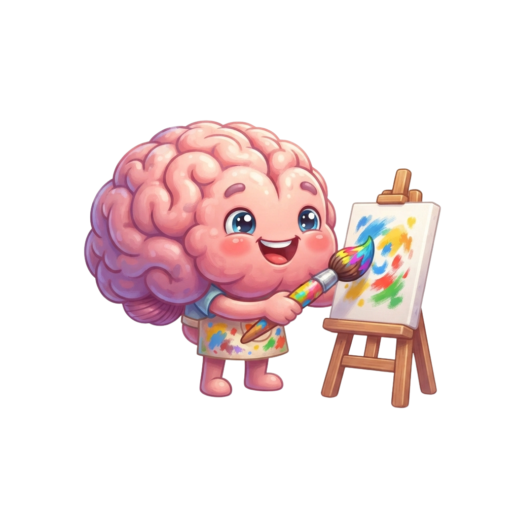 A smiling cartoon brain character painting on a canvas with a brush