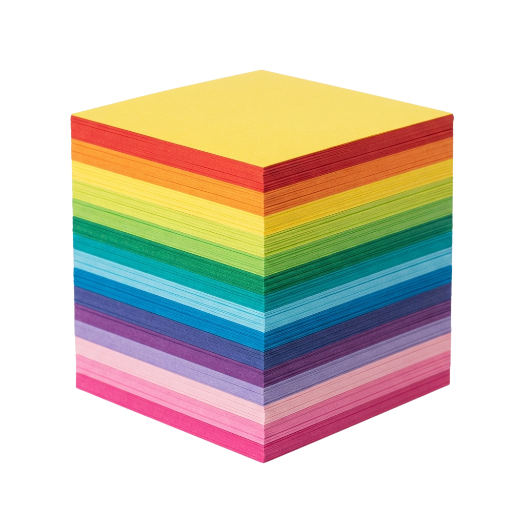 A colorful cube made of horizontal rainbow gradient layers from pink to yellow