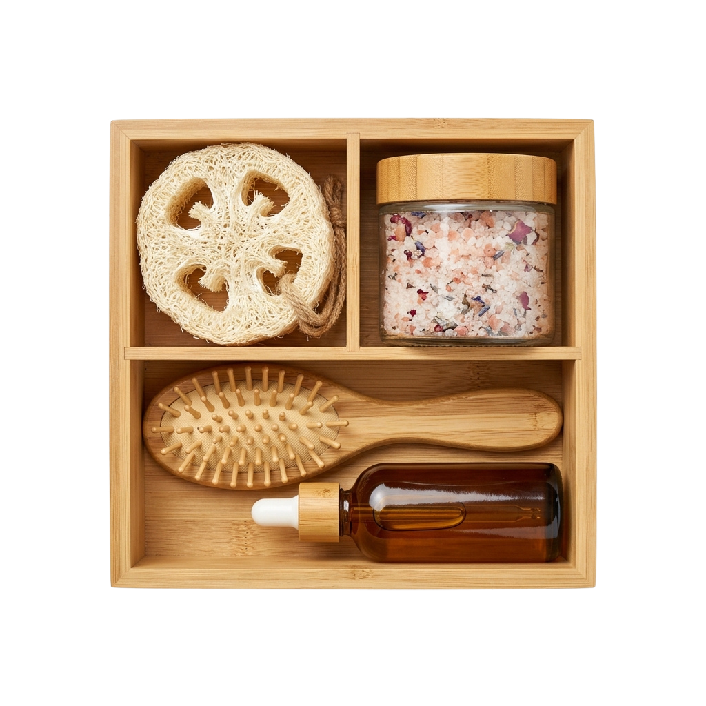Wooden box containing loofah, wooden brush, exfoliating salt in jar, and two small bottles of liquid