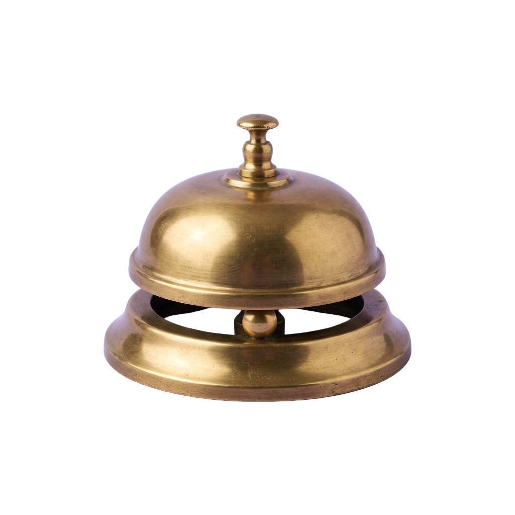 A polished brass bell with a round top and a small knob on top, placed against a dark background