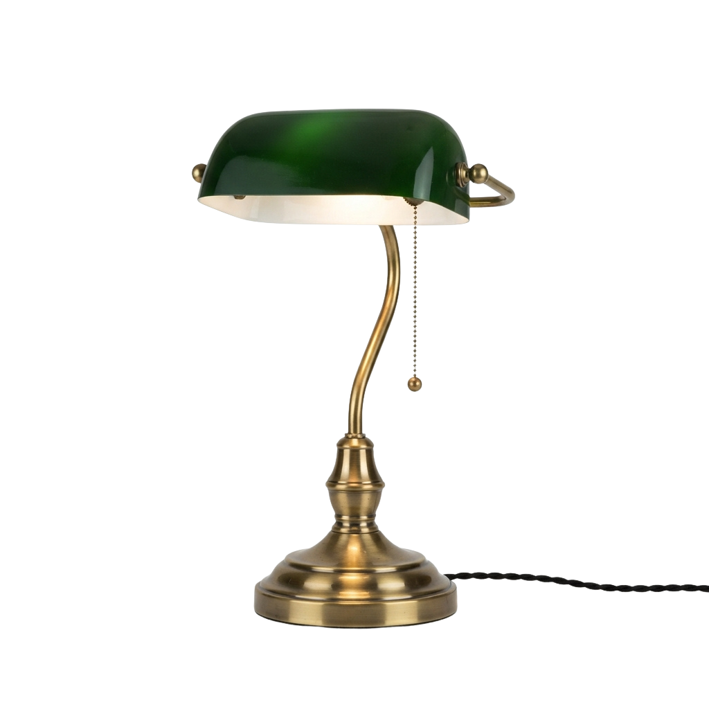 A brass-colored desk lamp with a curved arm and green glass shade, emitting a warm light.