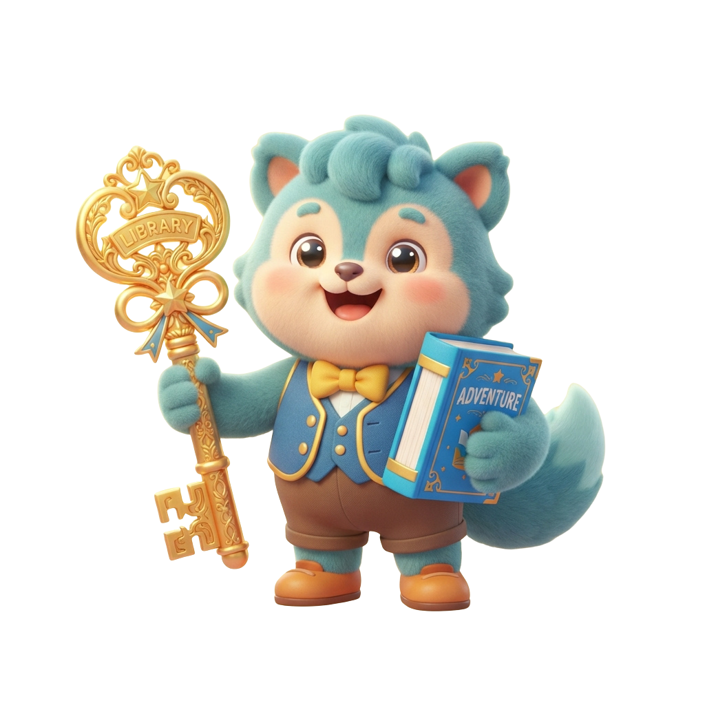 A cheerful cartoon character dressed in a blue suit holding a golden key labeled Library and an adventure book