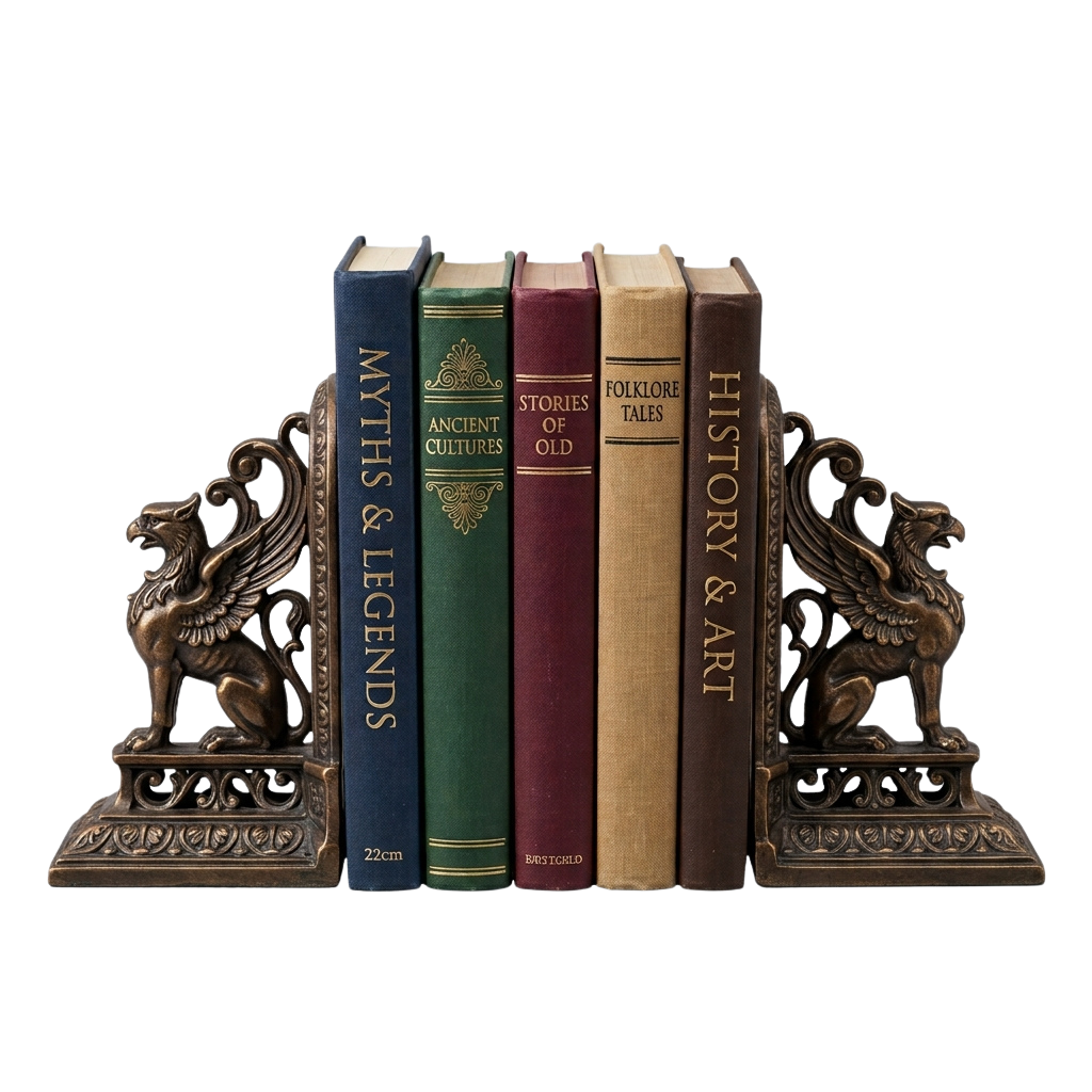 Two antique-style bookends with lion statues holding five vintage-style books labeled Myths & Legends, Ancient Cultures, Stories of Old, Folklore Tales, and History & Art
