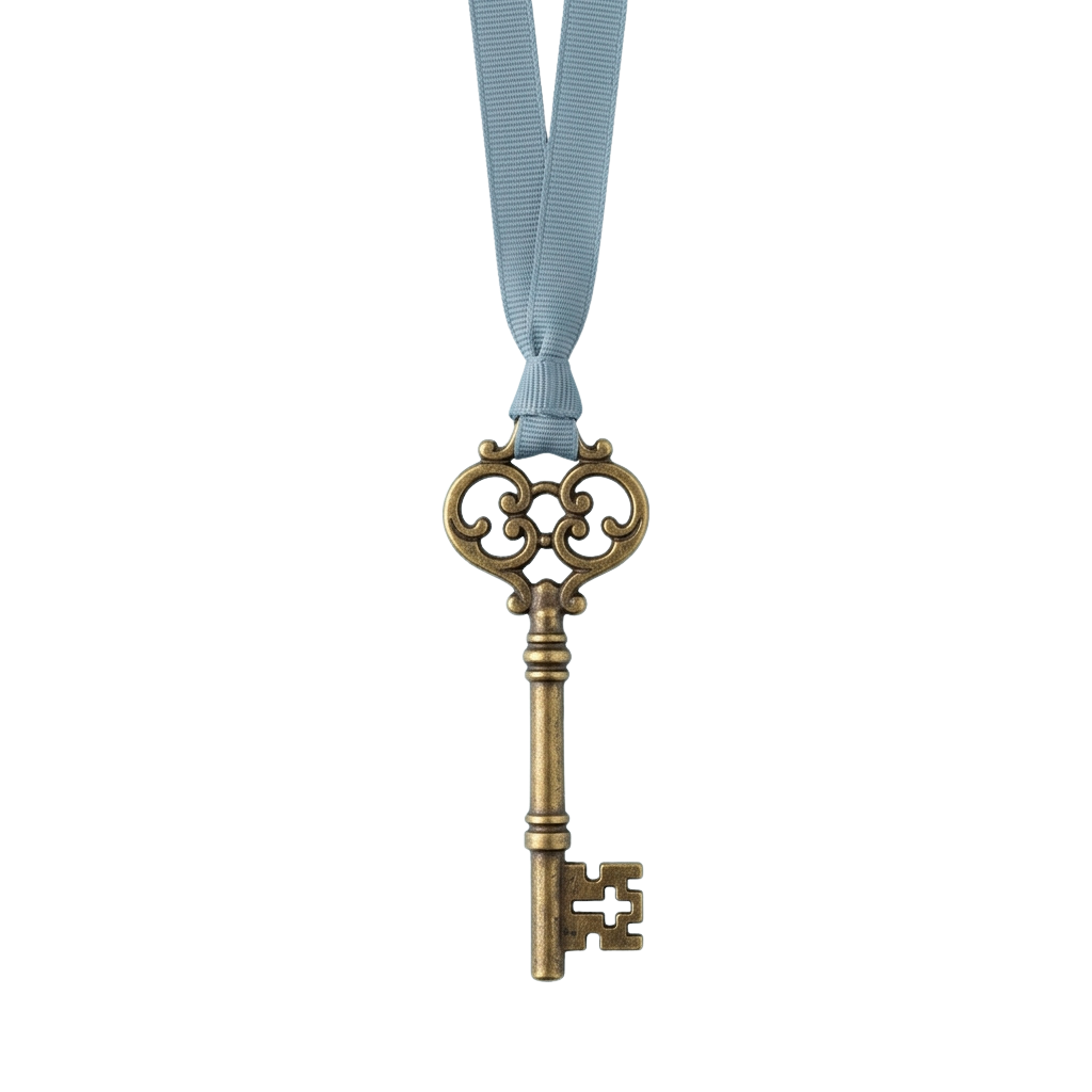 A gold-toned key on a blue ribbon with intricate bow design at the top