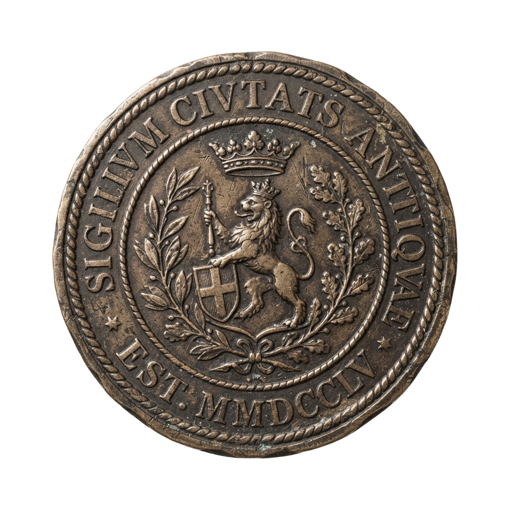 Old coin featuring a crowned lion holding a shield with a cross, surrounded by laurel branches and inscribed with Latin text