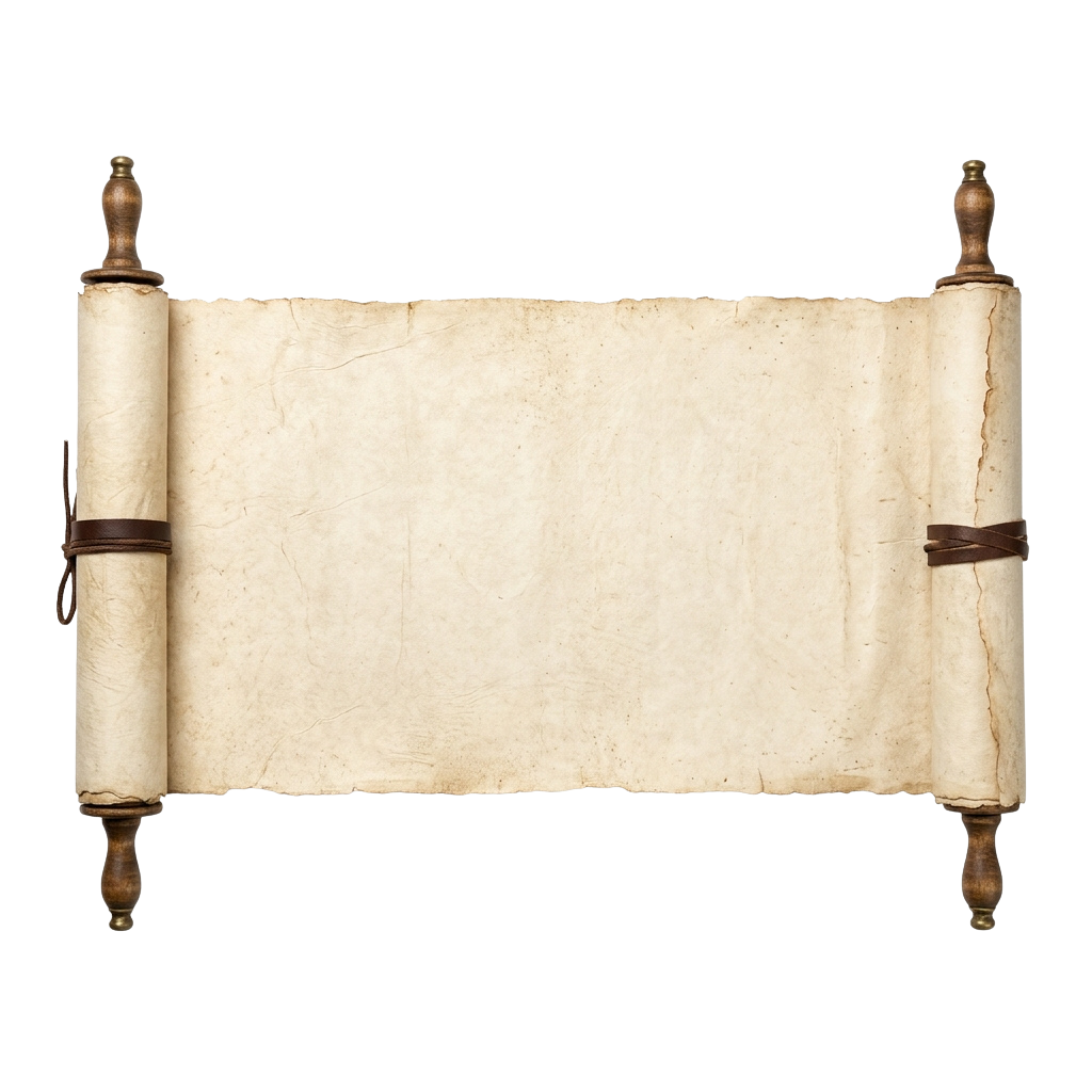 A blank scroll with wooden handles and leather straps on both sides against a black background