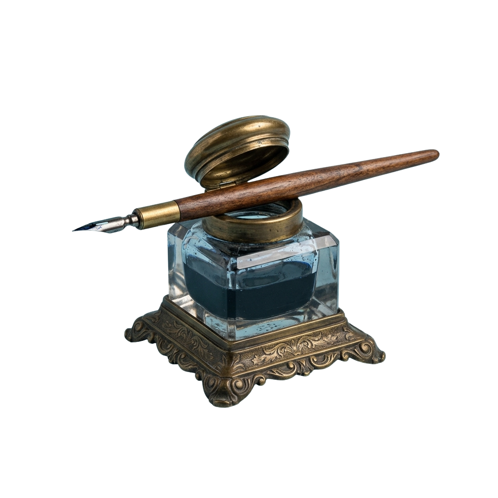A vintage quill pen resting on an ornate inkwell filled with blue ink on a decorative stand