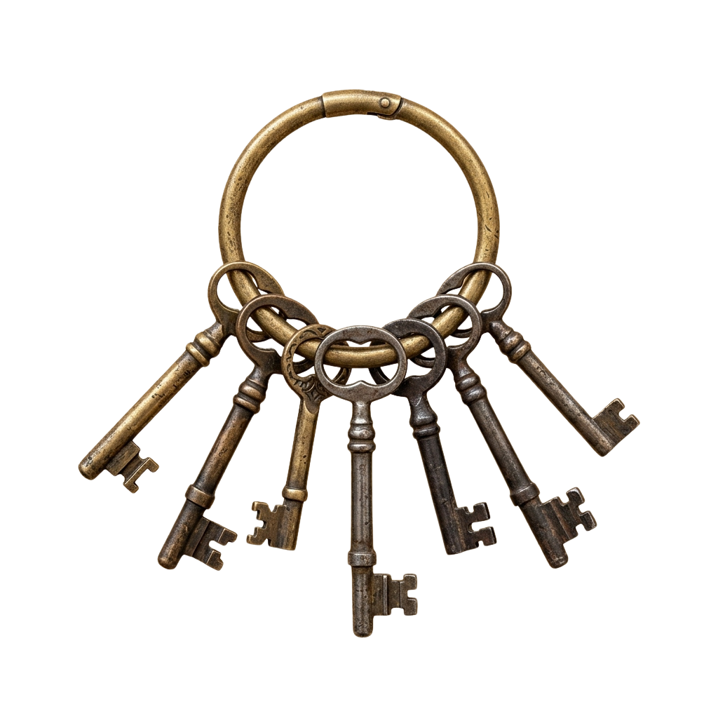 A set of five vintage brass keys attached to a brass keyring against a black background
