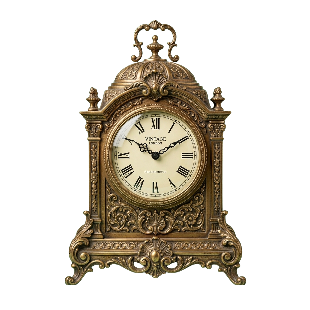 An ornate brass vintage clock with Roman numerals and intricate detailing, labeled as a chronometer.