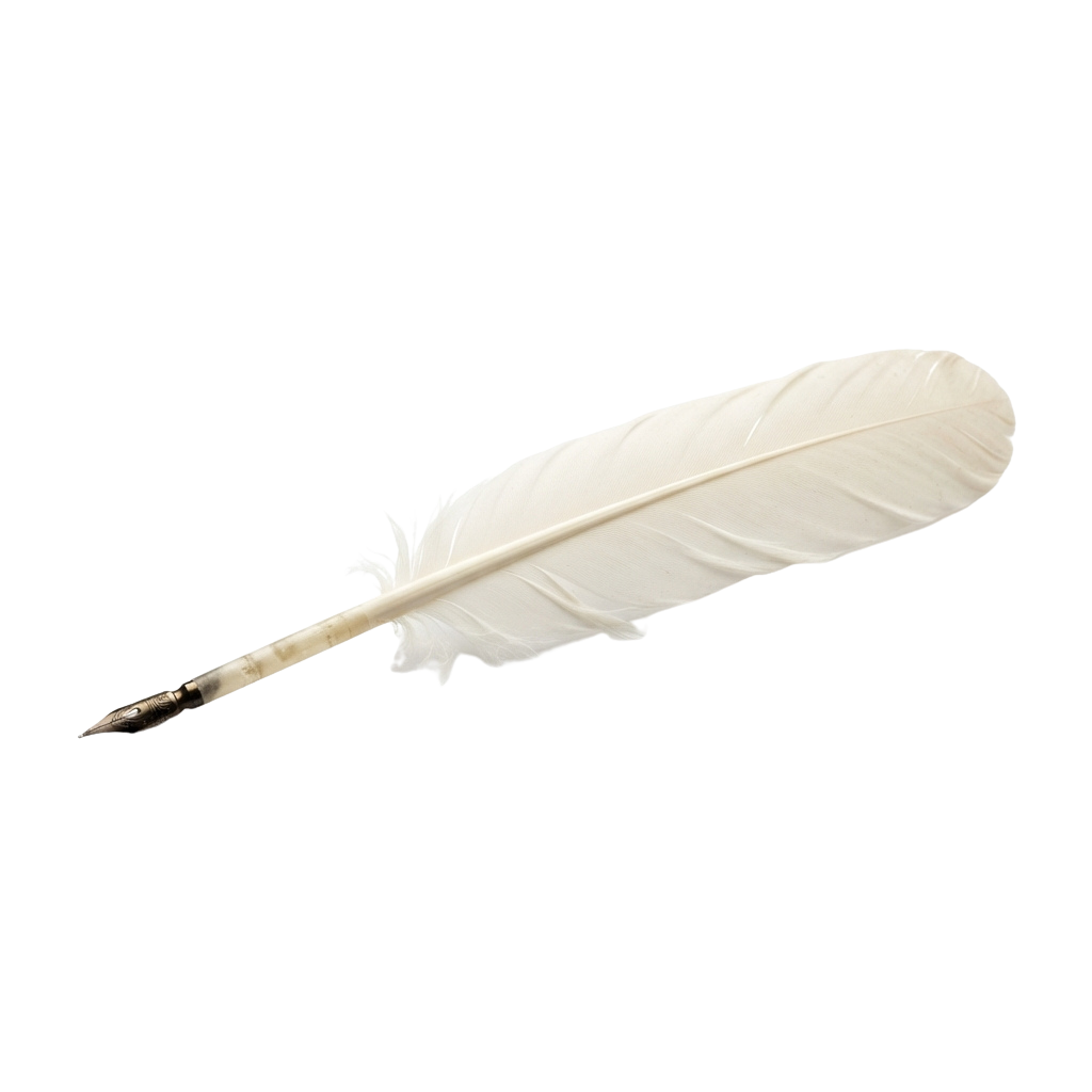A white feather quill resting on a black background, ready for writing